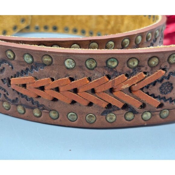 Handcrafted Leather Tooled Studded Western Belt Men's 36 Inch Custom Needs Holes - Picture 3 of 6